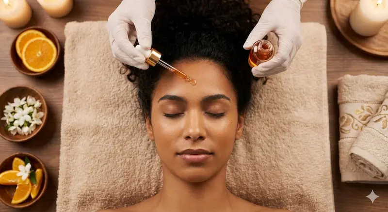 Dropper of liquid being applied to woman's forehead