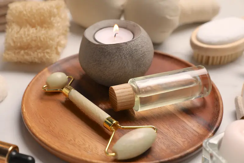 Facial tools and oils on a table